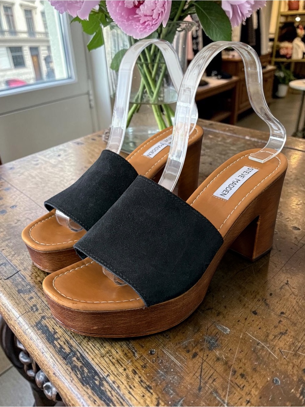 Steve Madden Fran Black Suede Platform Slide Sandals with block heel